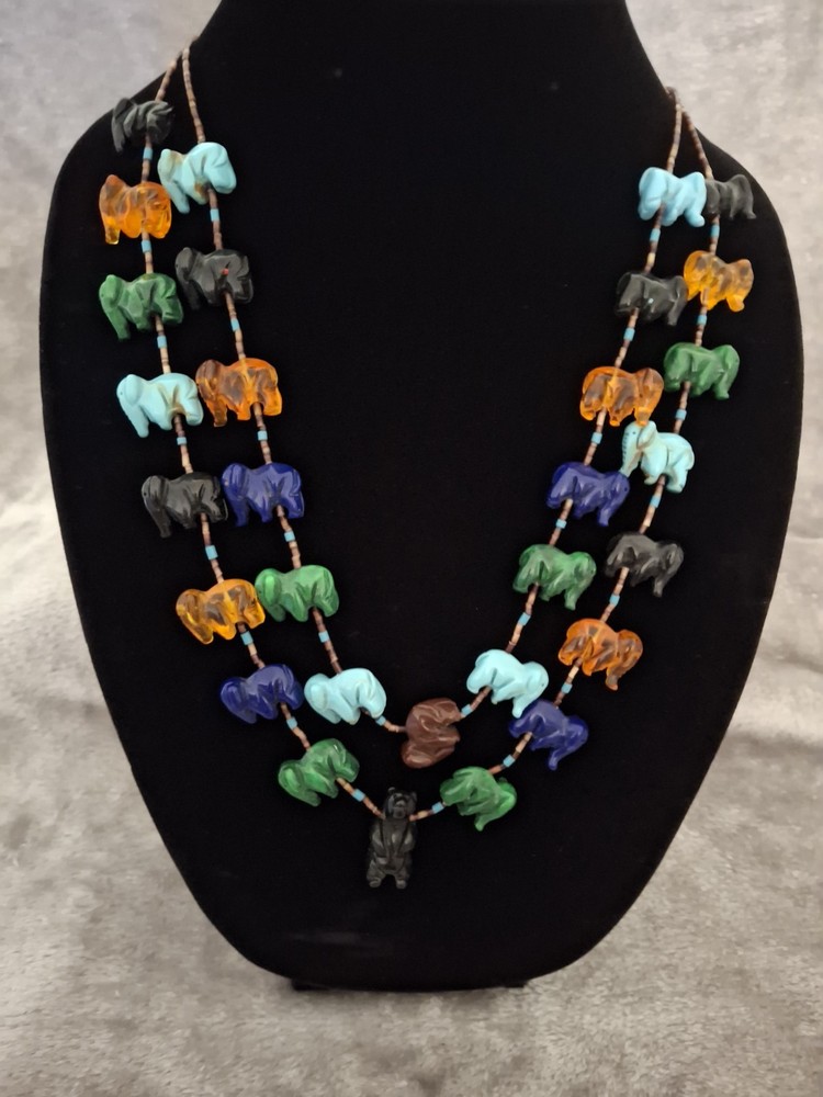 Zuni Double Strand Fetish Bear Necklace with Standing Bear Charm