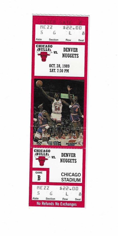 Неиспользованный баскетбольный билет Chicago Bulls против Denver Nuggets от 28.10.1989
