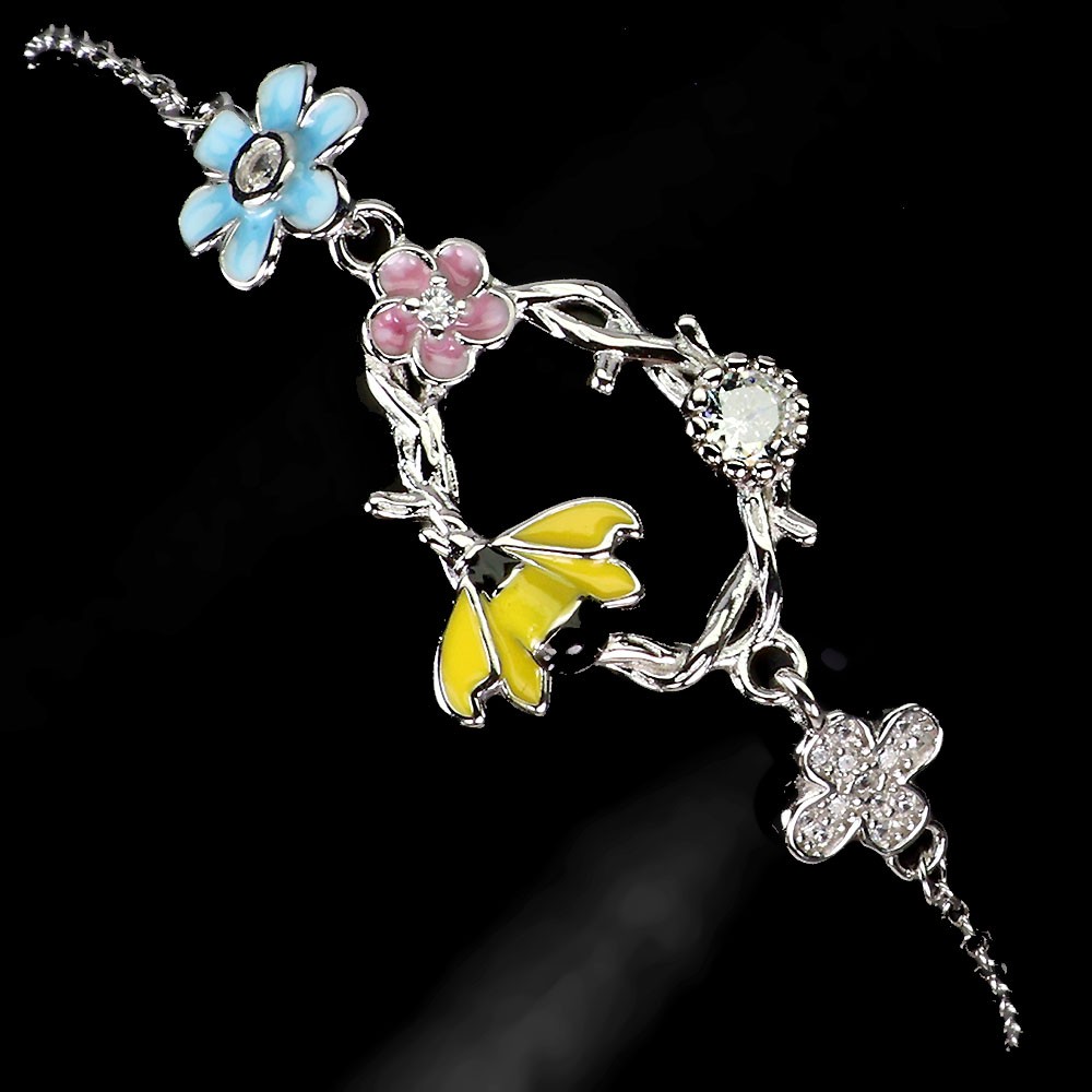 Sterling Silver Bee Bracelet with CZ and Enamel Charm 7 Inch