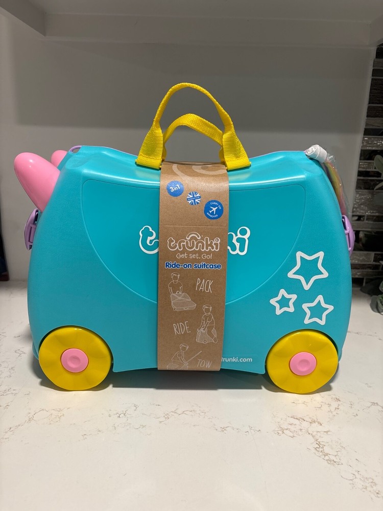 Blue Trunki Ride On Kids Suitcase Wheels Tow Strap Una The Unicorn