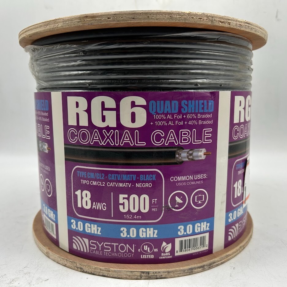 Syston RG6 Quad Shield 500ft Black CM Coax Cable for High-Speed Internet & HD TV