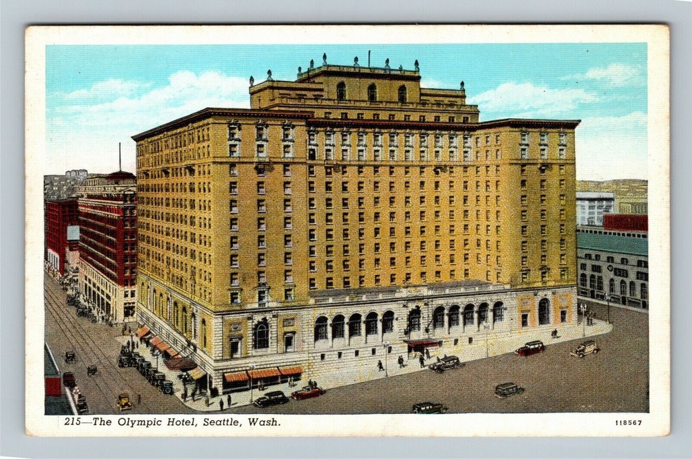 Seattle WA, Bird's Eye View, Historic Olympic Hotel, Washington Vintage Postcard