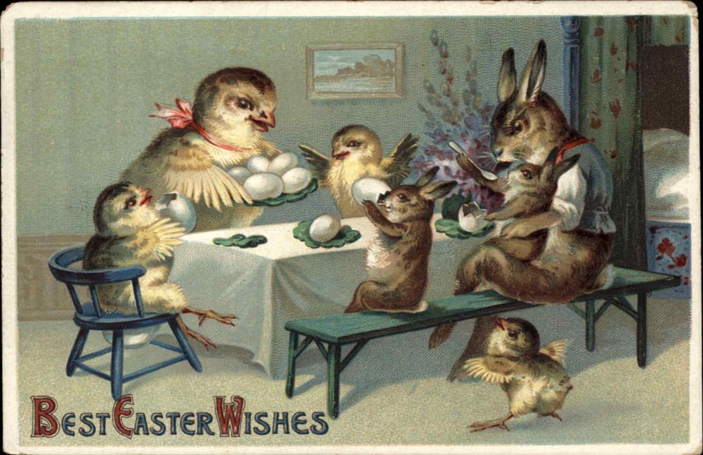 Easter Dressed Animal Fantasy Chick Mother Rabbit Father Dinner Table