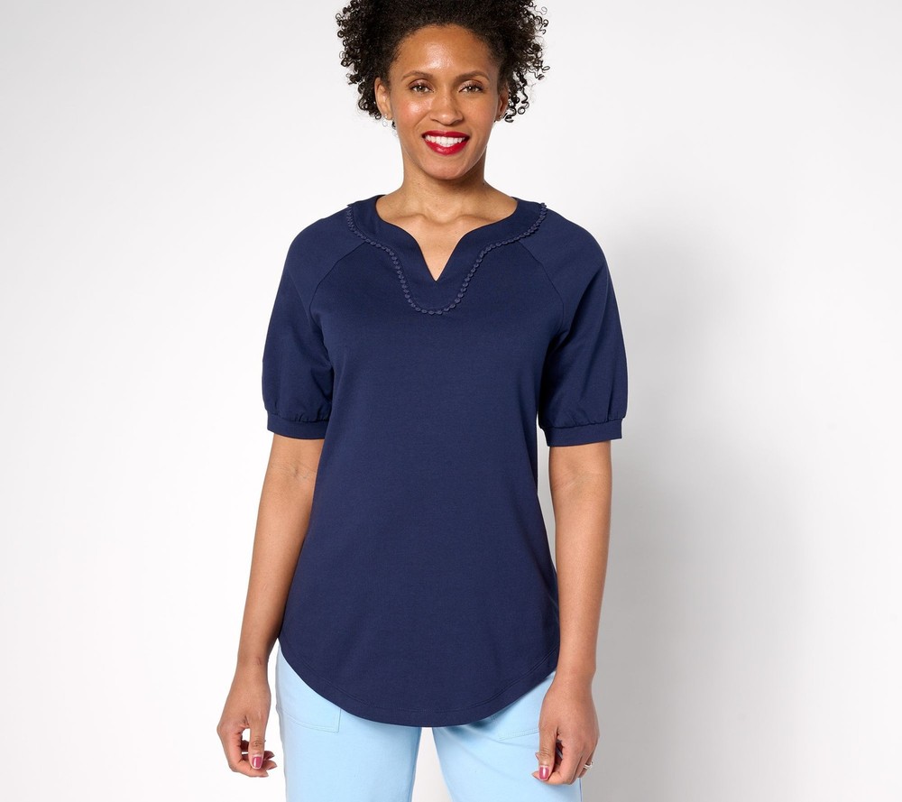 Sport Savvy Women's Top Sz S Cotton Span Elbow Sleeve Pom Neckline Blue A693591