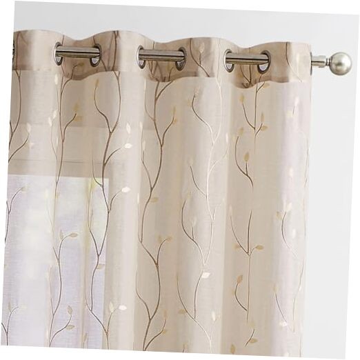 Beige Boho Floral Embroidered Sheer Linen Bedroom Curtains 96 Inch Long