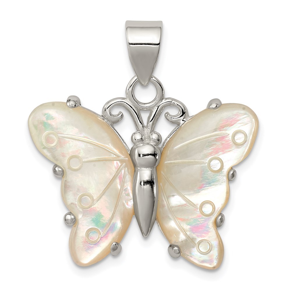925 Sterling Silver White Shell Butterfly Pendant L-1.19 Inch, W-0.99 Inch