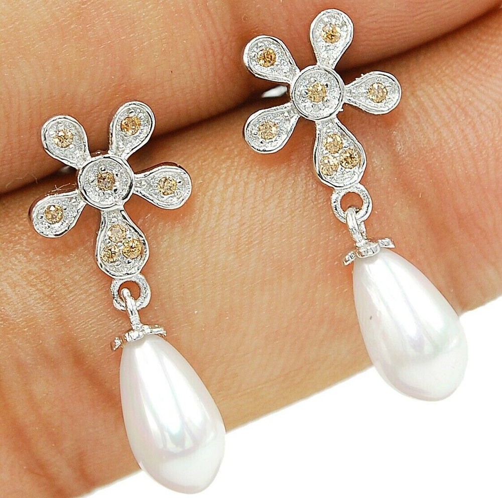 Seed Pearl and Treated Padparadscha Sapphire 925 Sterling Silver Earrings Y3-2
