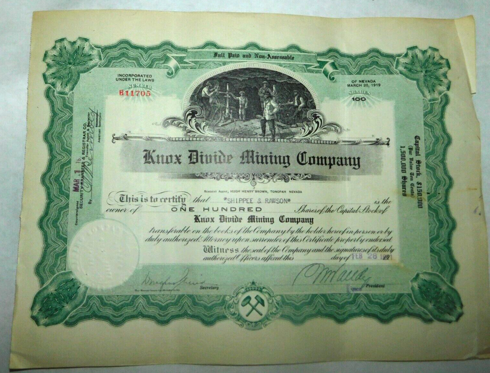 1921 Knox Divide Mining Company Original Capital Stock Certificate