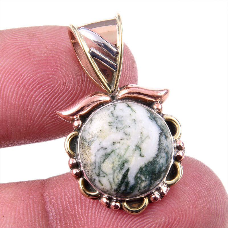 Natural Green Dendrite Opal Gemstone 925 Solid Silver TwoTone Pendant 1.25