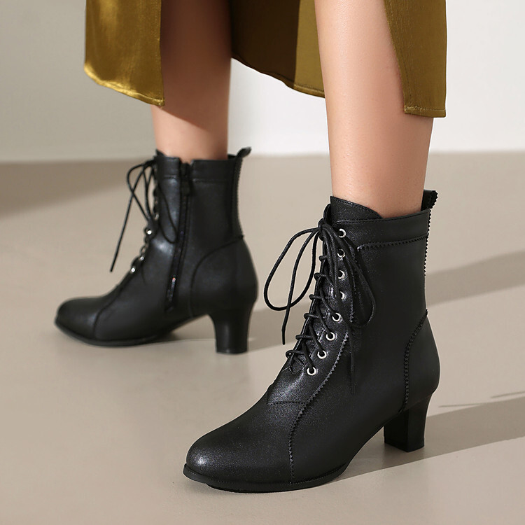 Ladies Low Kitten Heel Ankle Boots Victorian Retro Lace Up Women Formal Shoes
