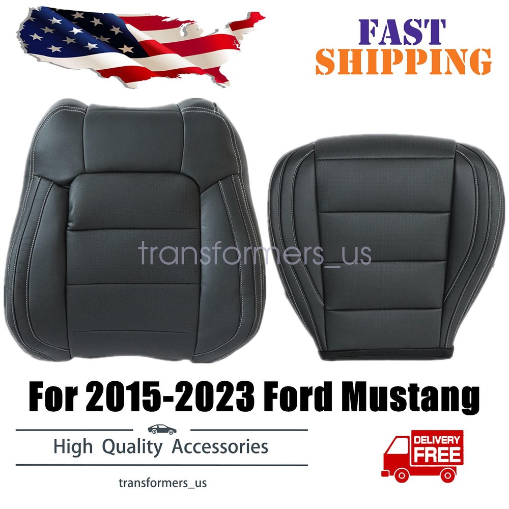 For 2015 to 2023 Ford Mustang Driver Side Bottom & Top Leather Seat Cover Black
