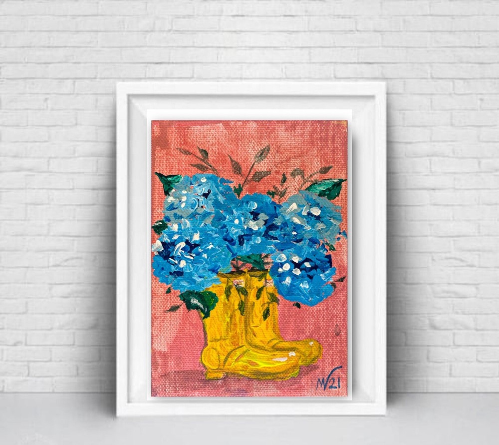 Rain Boot Painting Hydrangea Original Art Canvas Floral 6 by 4 Small Artwork Acr