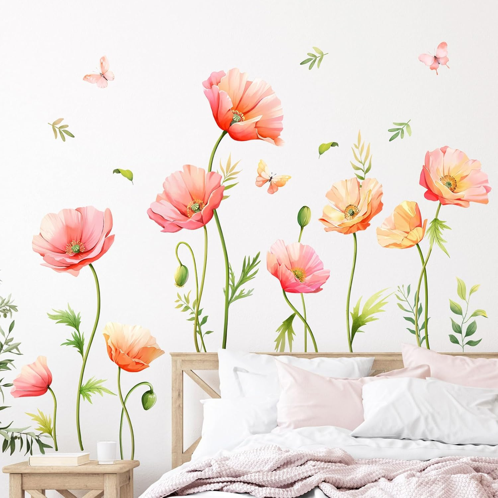 Large Pink Floral Wall Decals Poppy Flower Butterfly Wall Stickers Peel and Stic