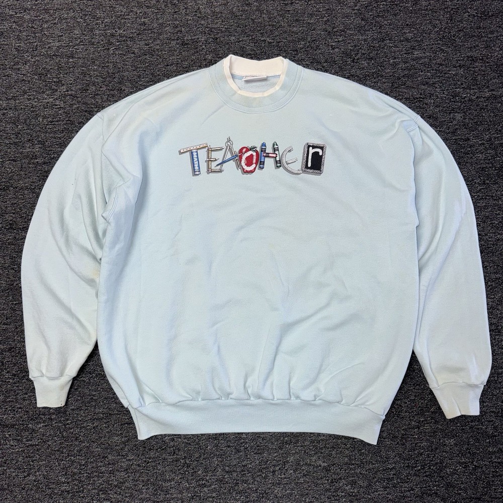 Vintage 90s Morning Sun Teacher Crewneck Sweatshirt Light Blue Womens - Size L