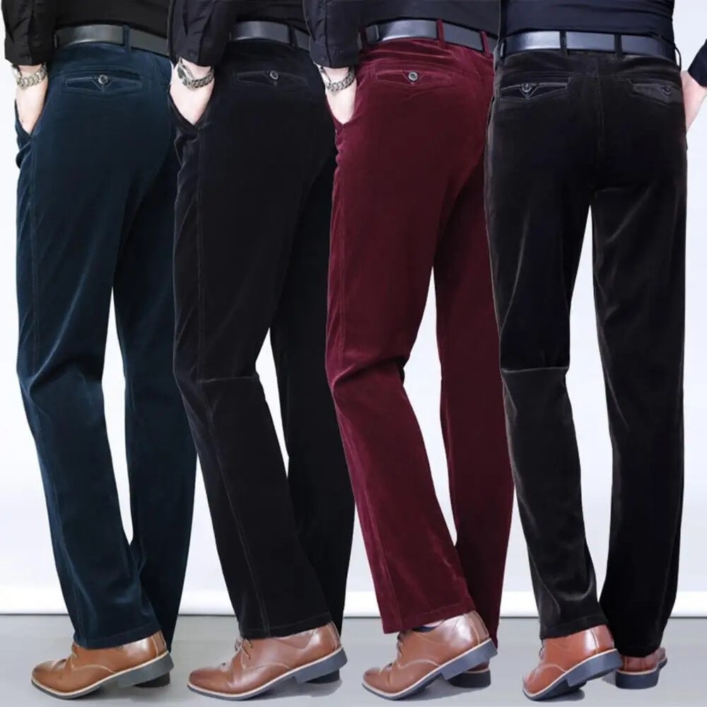 Men's Thick Corduroy Casual Pants High Waist Button Zipper Pockets Fashion Pants