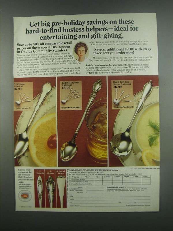 1984 Betty Crocker Oneida Cello Pattern Silverware Spoons Vintage Ad