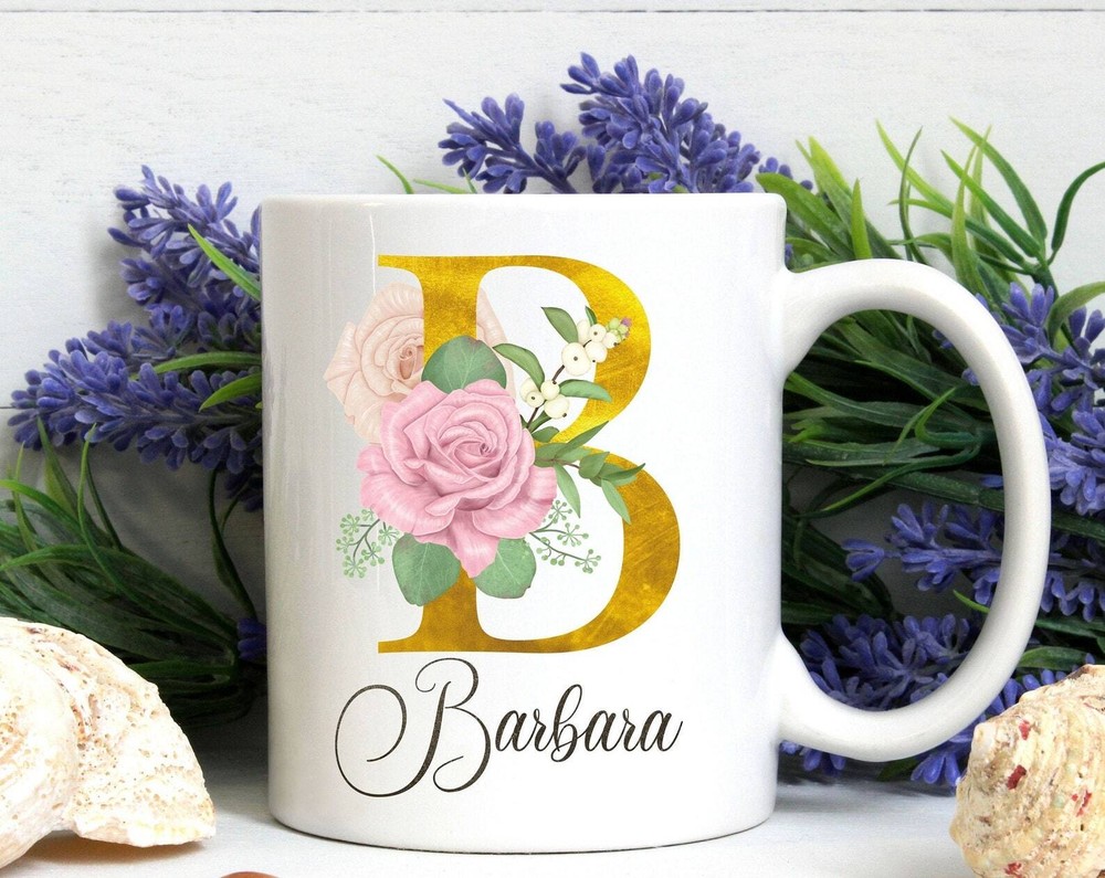 Personalized Coffee Mug Gold Letter Initial Name With Flowers Modern Mug