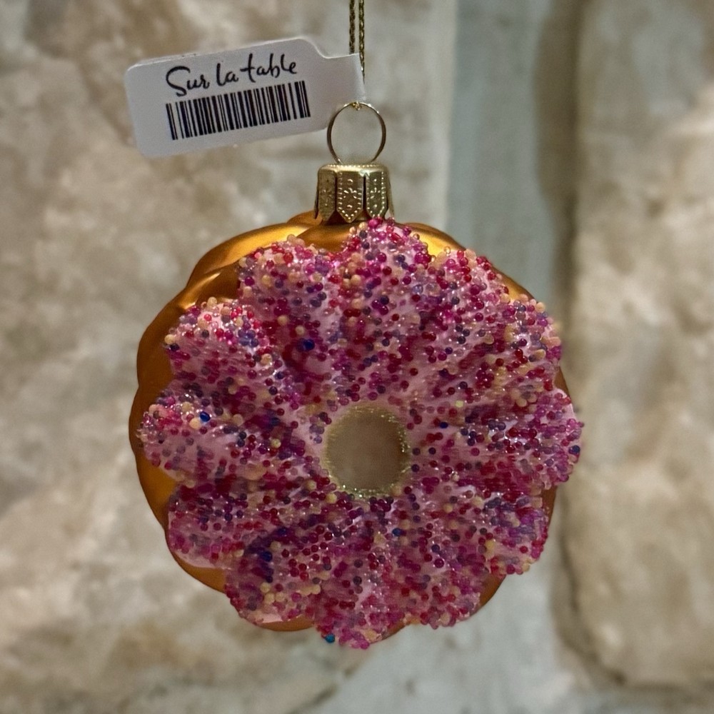 Sur La Table Pink Sprinkled Donut Glass Christmas Ornament New With Tags