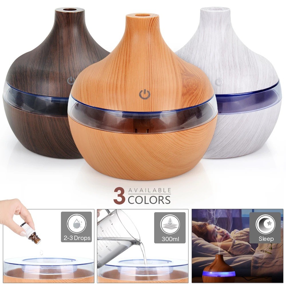 USB Air Humidifier Aroma Diffuser Mist Wood Grain Oil Aromatherapy 7 LED Light
