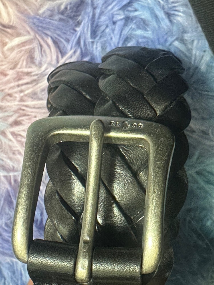 Polo Ralph Lauren 1998 Silver Buckle Braided Black Leather Belt Woven Mens 40