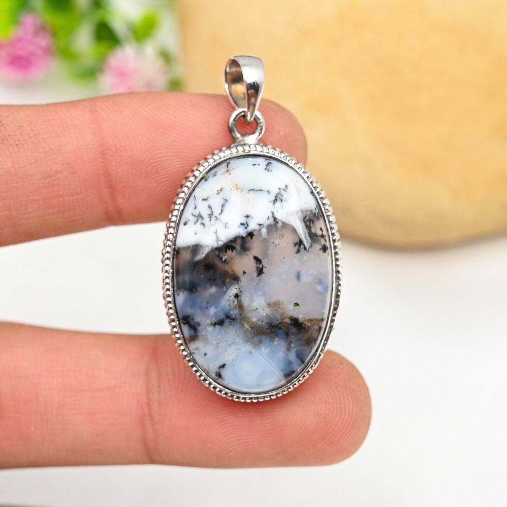 Dendrite Opal Gemstone Pendant Statement Jewelry 925 Sterling Silver Women Gift