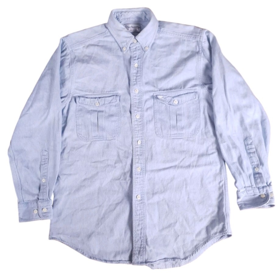 Burberry London Vintage Light Wash Blue Denim Shirt Mens Size 39 M 80s Cotton