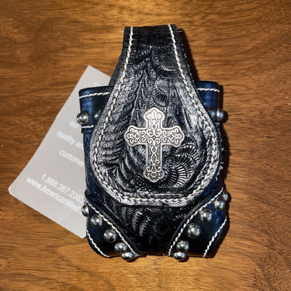 Vintage Hand-Tooled American West Leather Phone Case with Studs & Cross