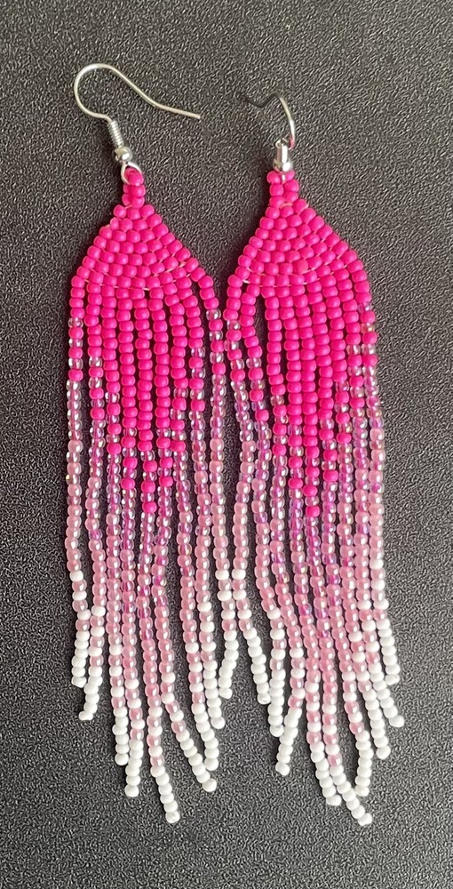 Boho Native Graduated Pink White Seed Bead Beaded Earrings Fringe Tassel Long