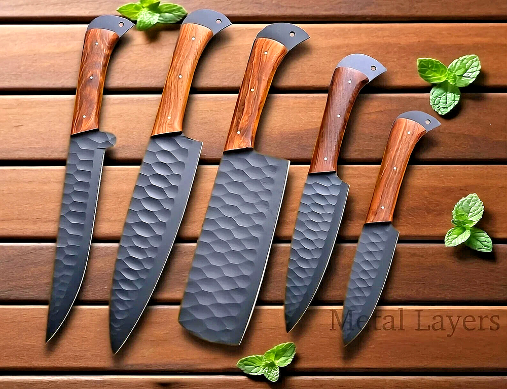 Custom Hand-Forged Carbon Steel Chef Knife Set with Leather Bag 2929
