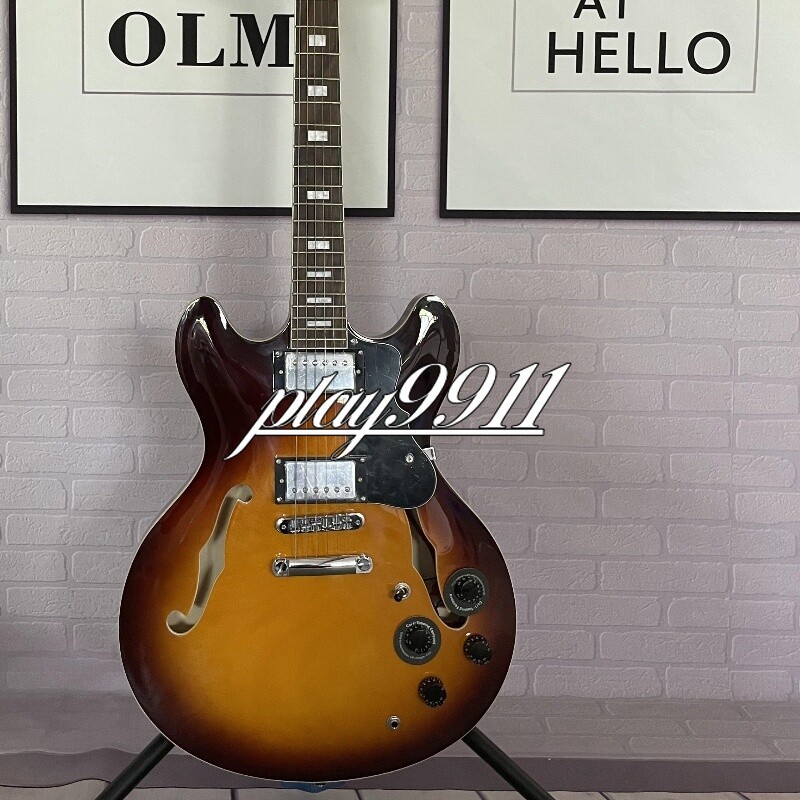 Sunburst Semi-hollow Electric Guitar with F-Holes HH Pickups Chrome Hardware Factory Fresh
