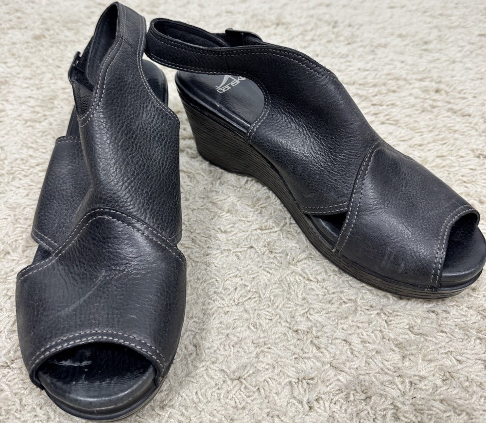Dansko Vanda Black Leather Peep Toe Wedge Slingback Comfort Sandals EU 41 US 11