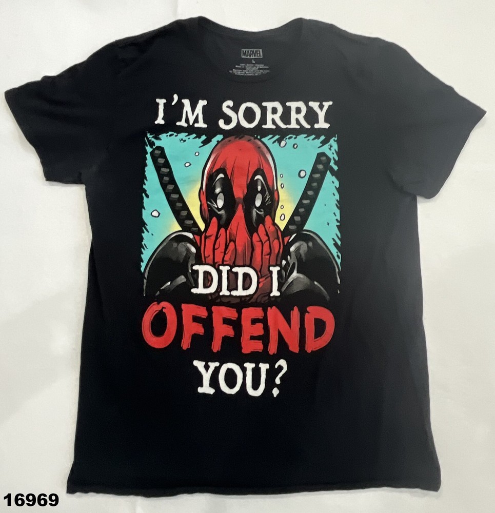 Marvel Deadpool I'm Sorry Did I Offend You? Black T-shirt Size LARGE PREOWNED