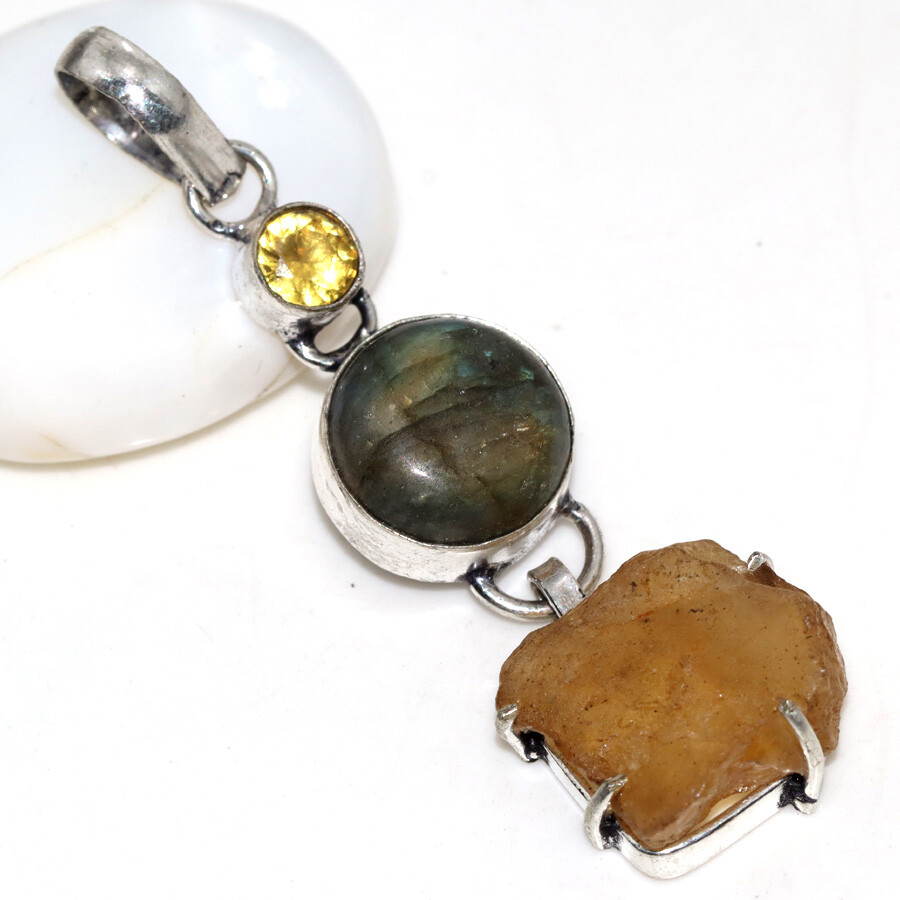 Citrine and Fiery Labradorite 925 Silver Plated Long Pendant 2.5 Inches Jewelry