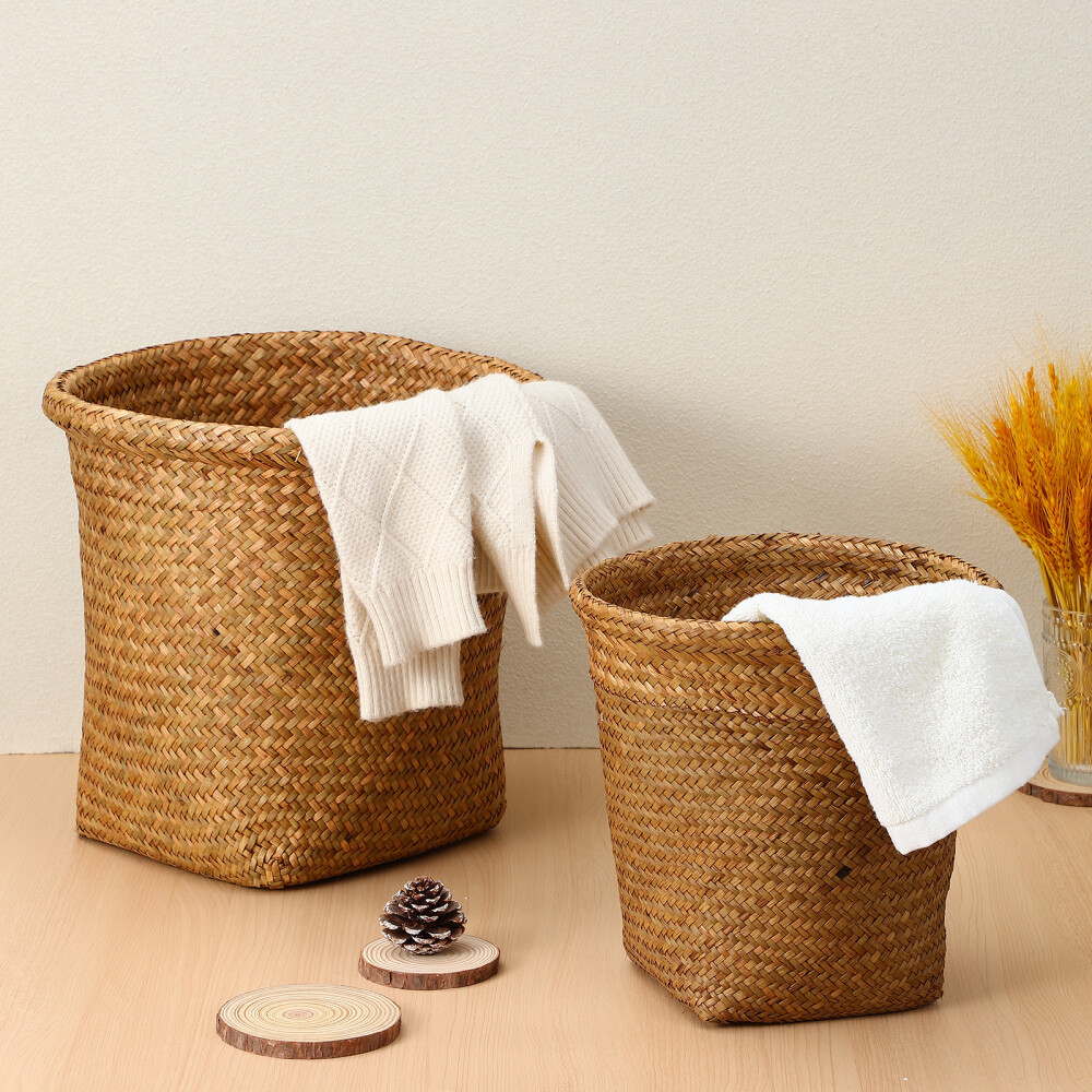 2 Pcs Wicker Trash Basket for Kitchen Laundry Baskets Plants Recycle Bin