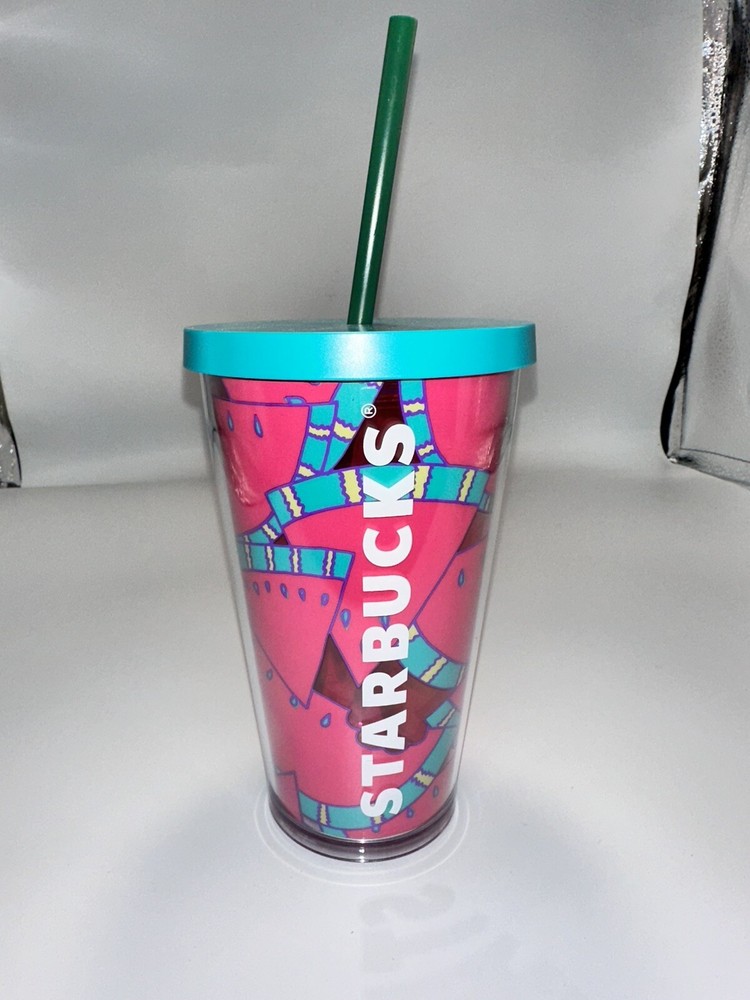 Starbucks 16 Oz Pink Green Watermelon Print Acrylic Tumbler Cold Cup #19D
