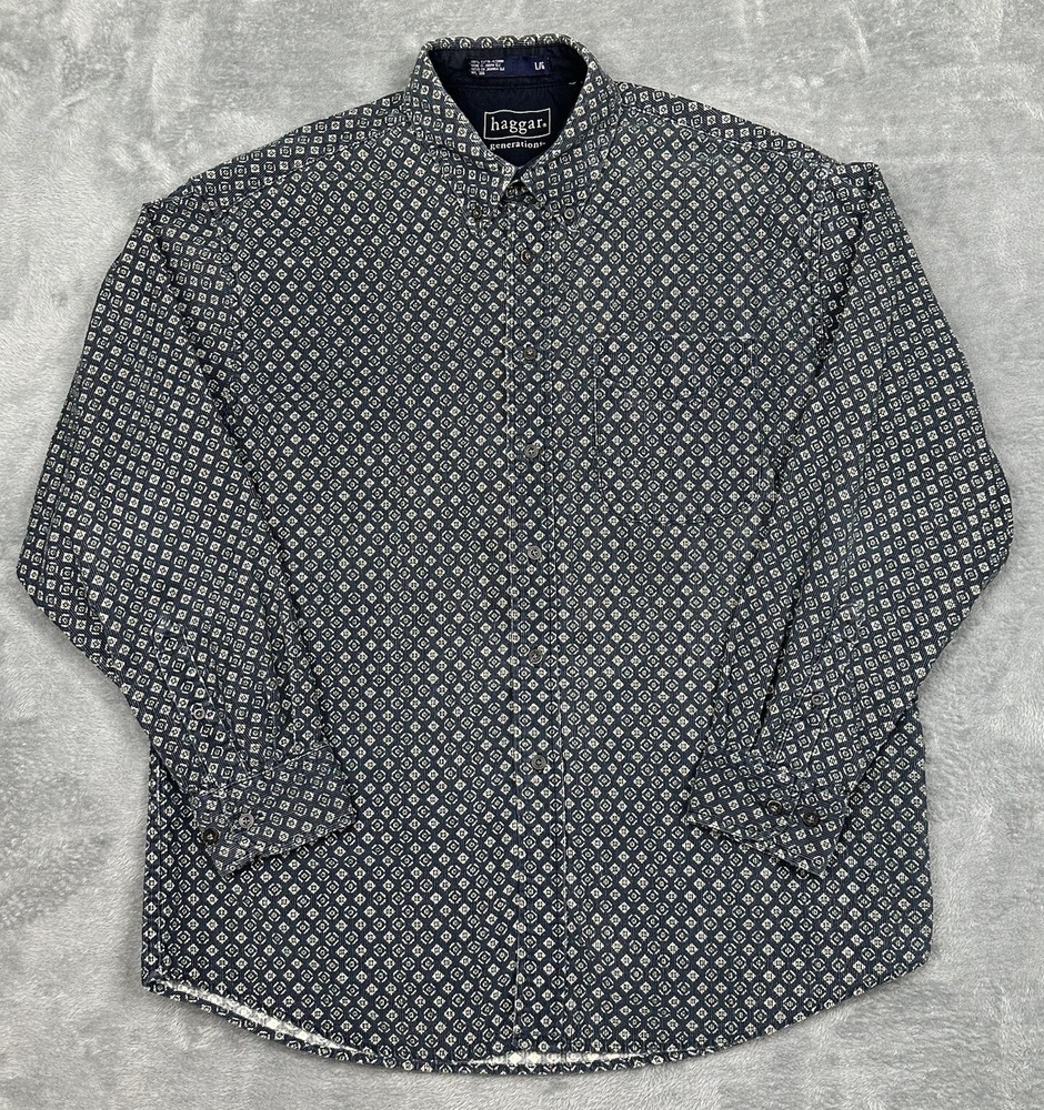 Vintage Haggar Generations Shirt Mens Large Blue Corduroy Geometric Button Down
