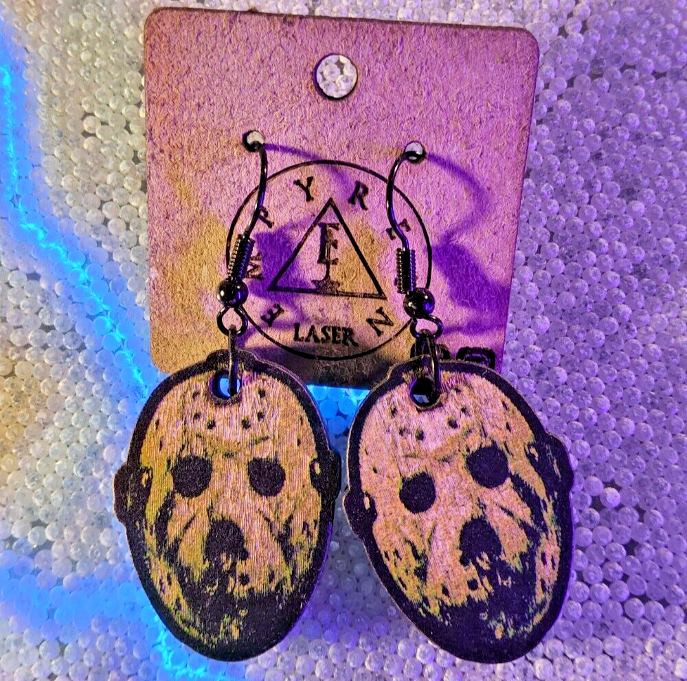 Laser engraved cut Jason Voorhees custom art earrings horror fashion friday 13th