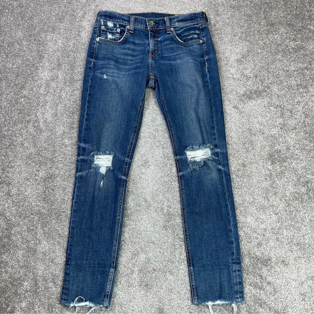 Rag & Bone Jeans Women’s 26 Blue Skinny Low Rise Dark Denim Stretch Frayed