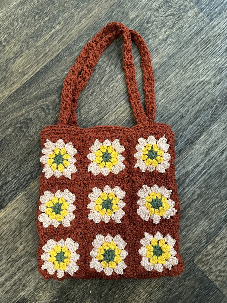 Handmade Crochet Granny Square Tote Bag Brown Floral Retro Shoulder Bag