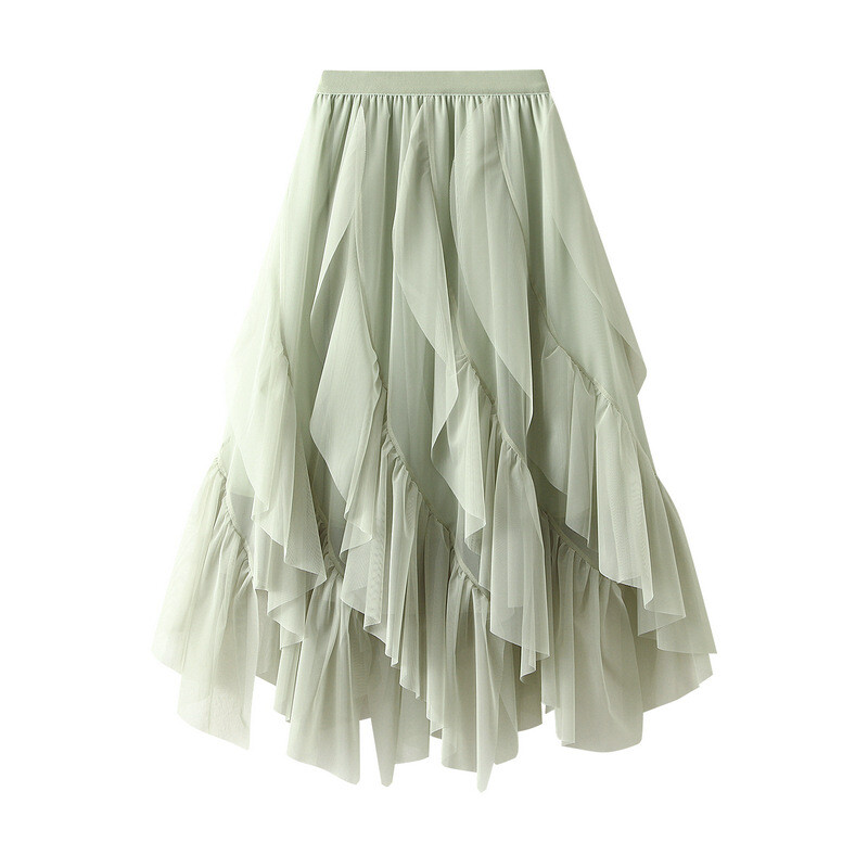 Mesh Ruffle Edge High Waist Skirt for Women Spring Fashion