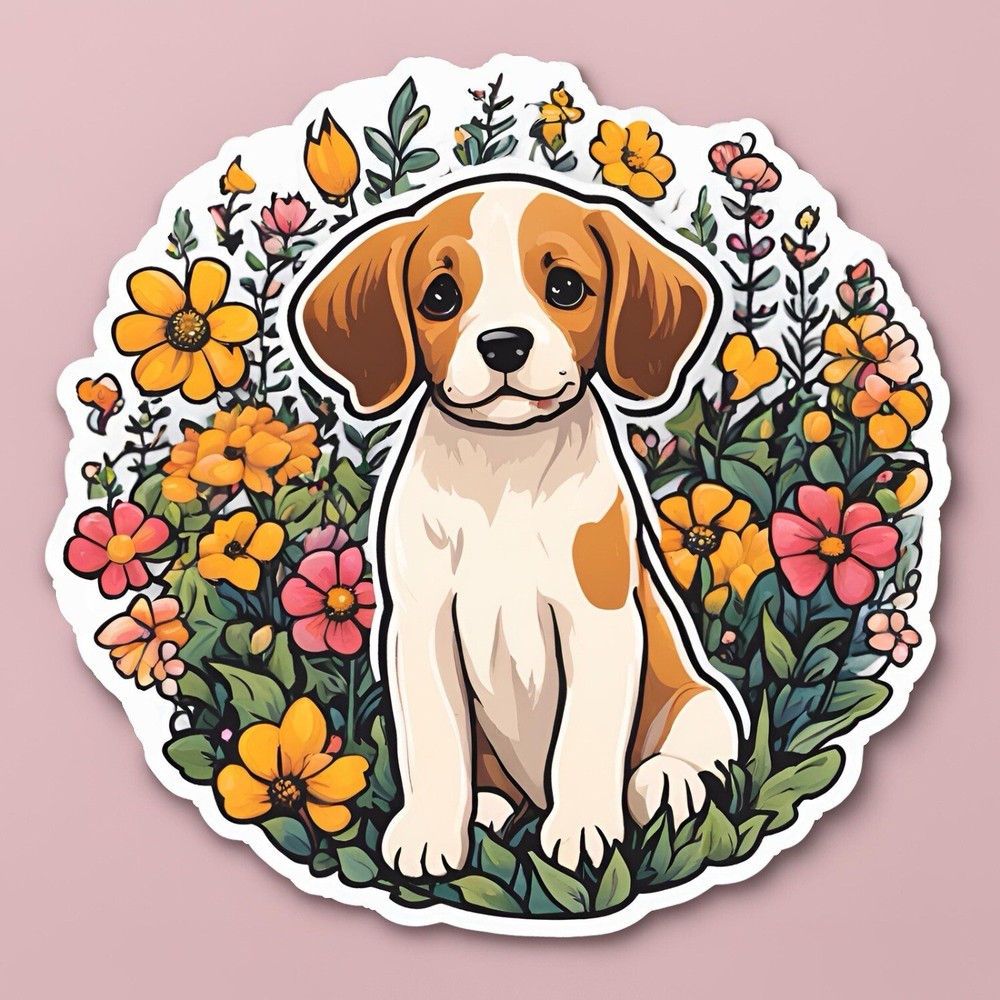 3” Round Cute Puppy In A Flower Garden AMAZING STICKER!