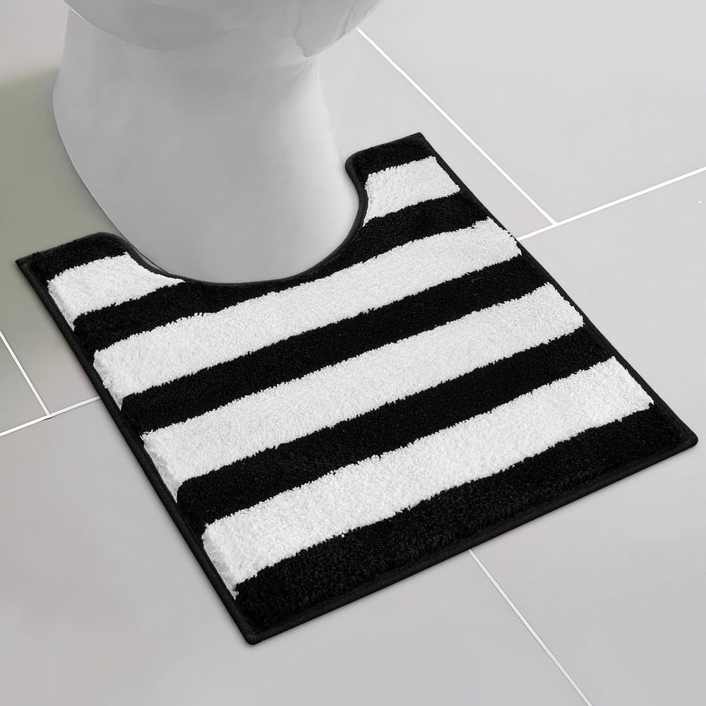 Black and White Toilet Rug U Shaped Washable, Striped Non Slip Contour Rugs f...