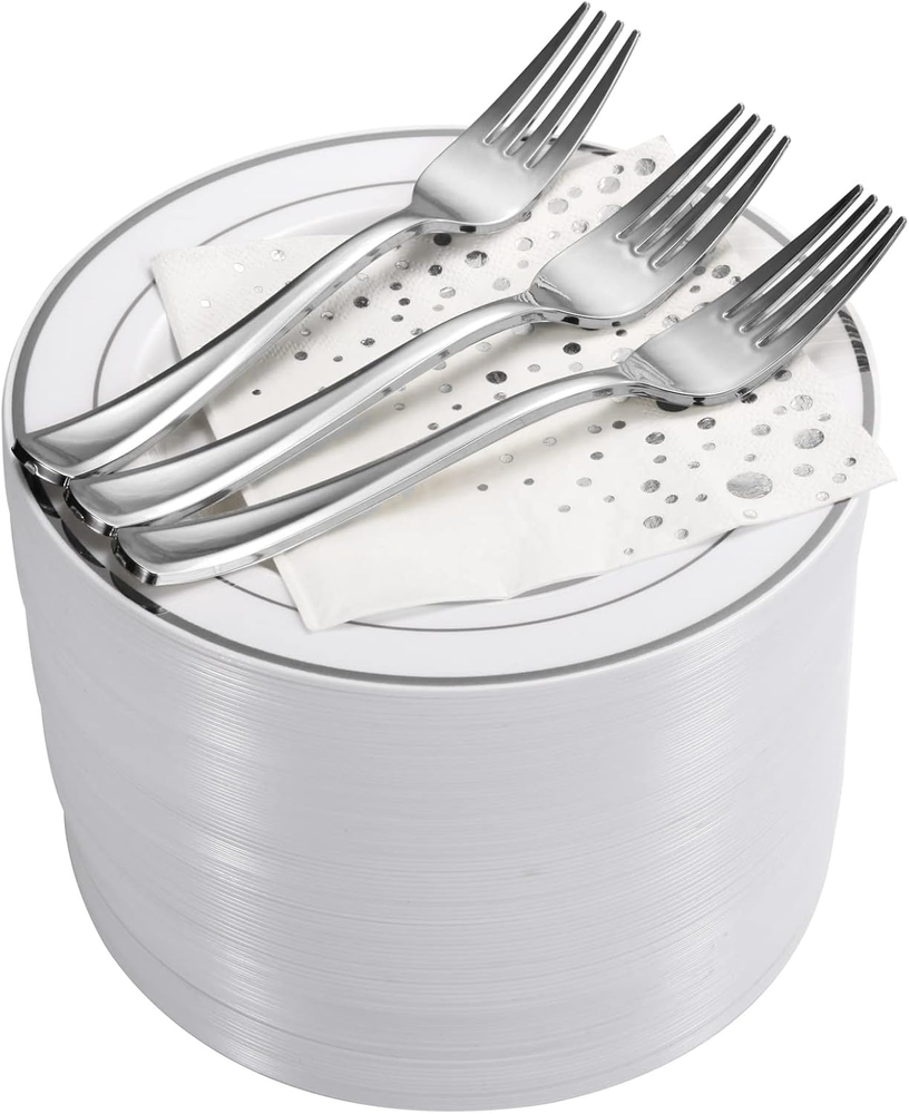 Elegant 7.5-Inch Silver Cake Plates with Forks and Napkins
