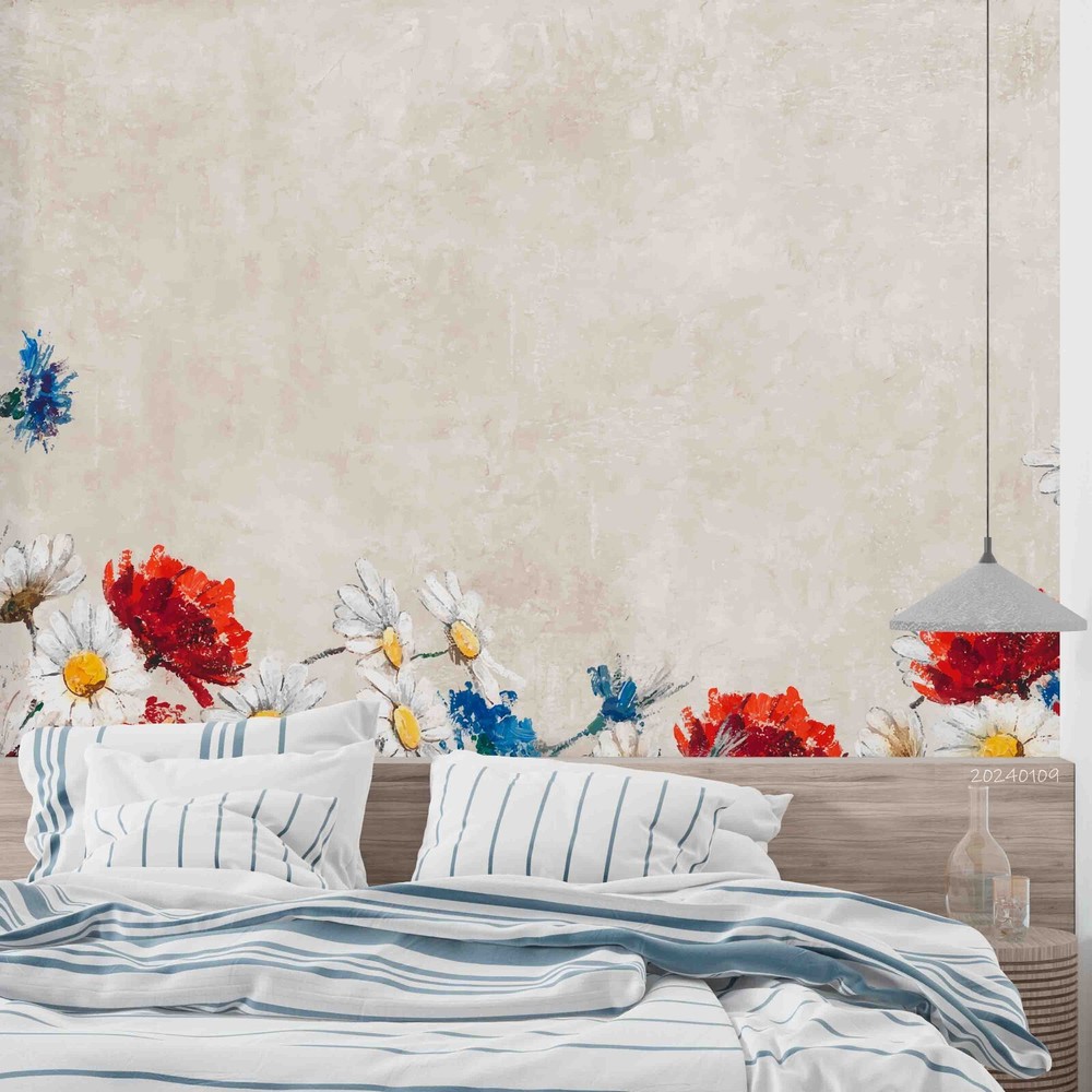 3D Hand Drawn Red Floral Wall Murals Wallpaper Murals Wall Sticker