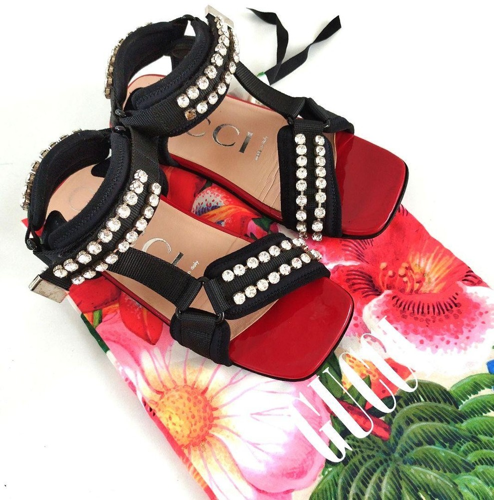 GUCCI Black Rhinestone Sport Sandals Flat Luxury Designer US6 Authentic From Japan RIN