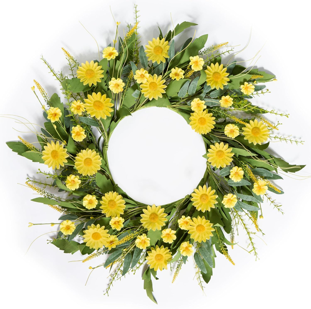 Bright 22-24 Inch Yellow Daisy Wreath for Spring Summer Front Door Decor