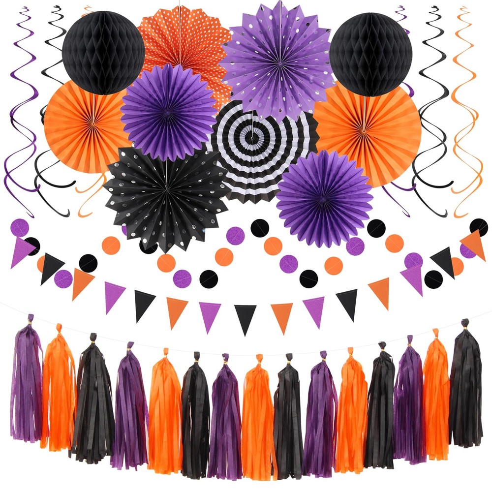 Halloween Party Decorations 33Pcs Banner Streamers Pom Poms Honeycomb Lantern