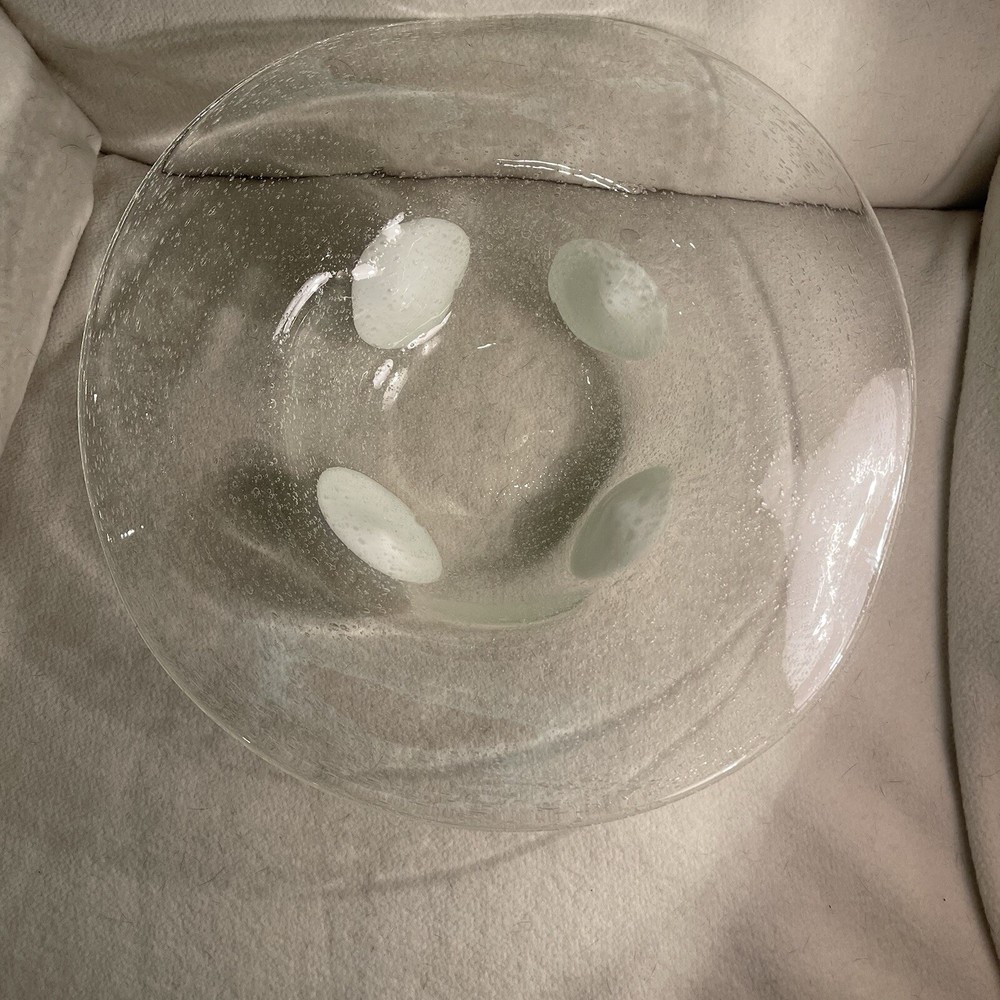 Vtg Pulegoso Handmade Art Blown Glass Bowl W/ White Fused Patches Wavy