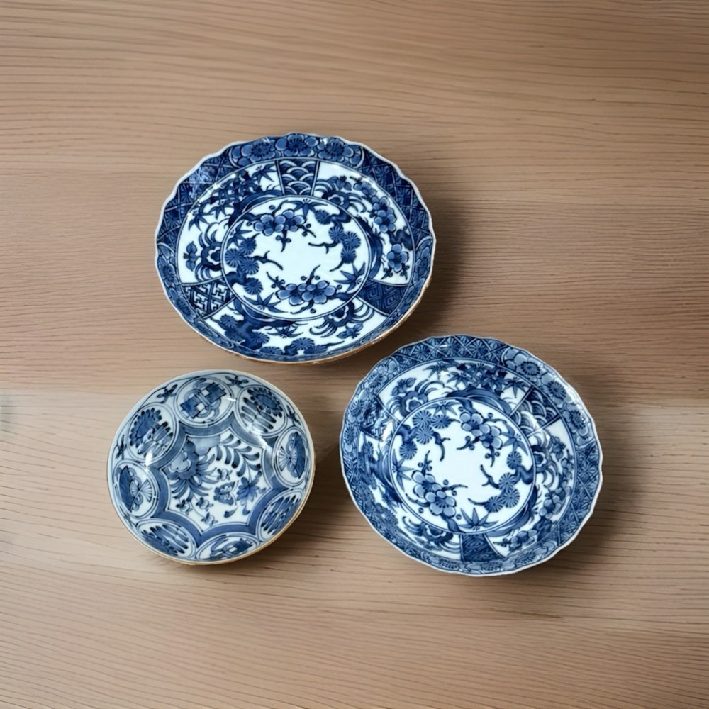 Japanese Arita Ware Porcelain Decor Dish Cobalt Blue White Lot of 3