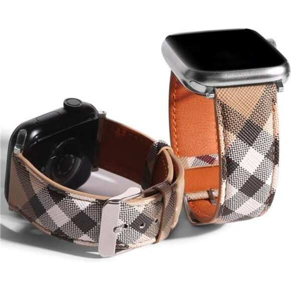 Brown Plaid Leather Watch Band compatible with Smart watch watches bands gift